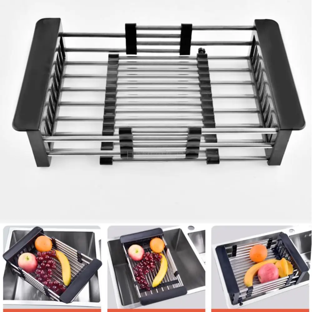 Black Kitchen Sink Drain Basket Draining Shelf Stainless Steel Sink Tableware Filter Dry Water Basket Retractable