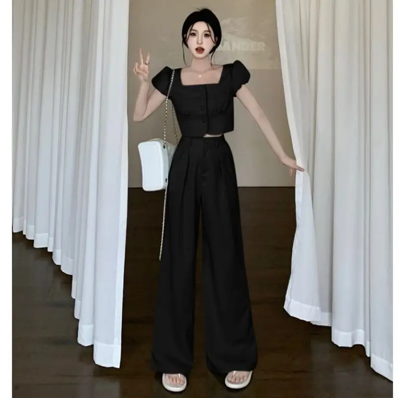 

Square neck bubble sleeve thin small fragrant style short top high-waisted wide leg pants suit 2023 summer temperament French