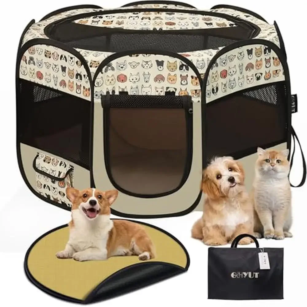 Portable Pet Playpen with Mat Waterproof Cat Dog Cage Crate Tent Indoor Outdoor Use Lightweight & Easy to Fold 600D Oxford Cloth