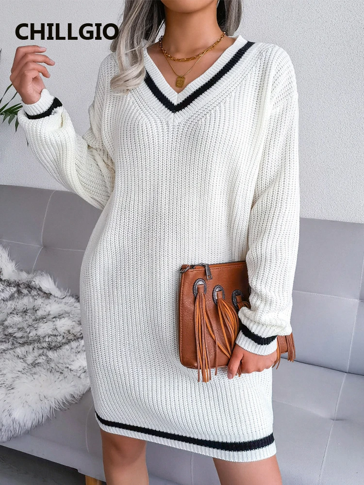 

CHILLGIO Women Autumn Knitted Dress Casual Fashion V Neck Loose Warm Vestidos Chic College Style Winter Pullover Sweater Dresses