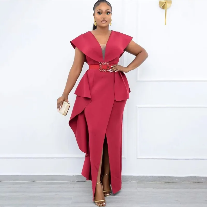 

Новинка 2024, модное женское платье с коротким рукавом и V-образным вырезом, модное облегающее Привлекательное платье большого размера с высокой талией