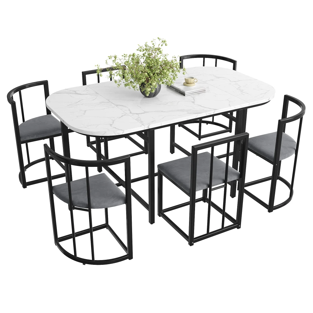 Stilvolles Modernes 6-Sitzer Esstisch- und Stuhlset, Weißer Tisch mit Grauen Gepolsterten Stühlen und Goldenem Eisenrahmen – Detail 28