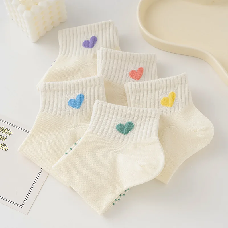 5 Pairs Cotton Women Socks Pack White Spring Summer Autumn Love Print Low Tube Short Cute Kawaii Harajuku Striped Sock Set Girls