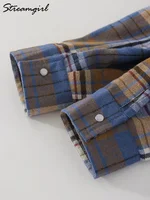 Streamgirl Oversized Plaid Shirt Women 2026 Spring Loose Vintage Long Shirts Full Sleeve Women Plaid Brown Oversized Shirt Blue - Image 6