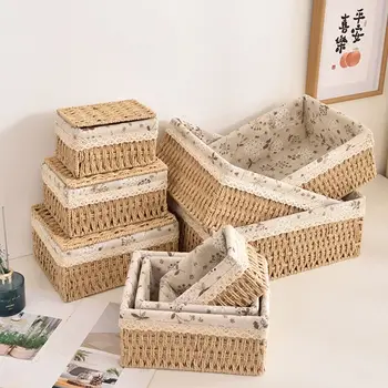 Multi-Purpose Rattan Storage Baskets with Lid Imitation Rattan Desktop Sundries Organizer Home Decoration 1