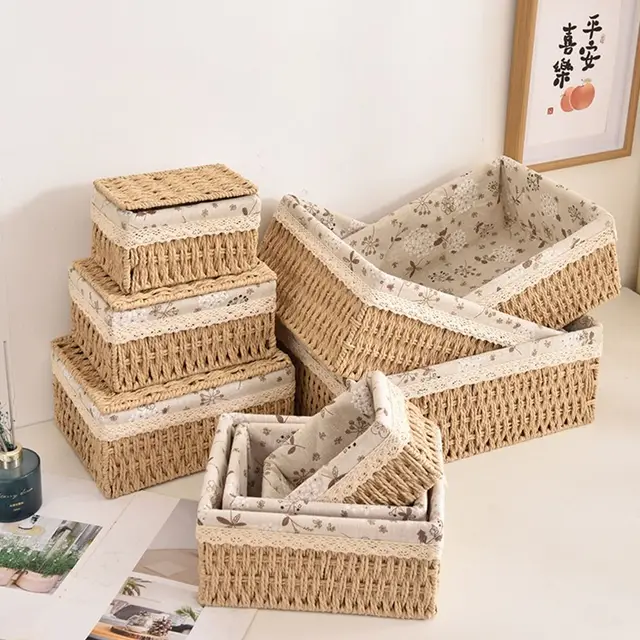 Multi-Purpose Rattan Storage Baskets with Lid Imitation Rattan Desktop Sundries Organizer Home Decoration 1