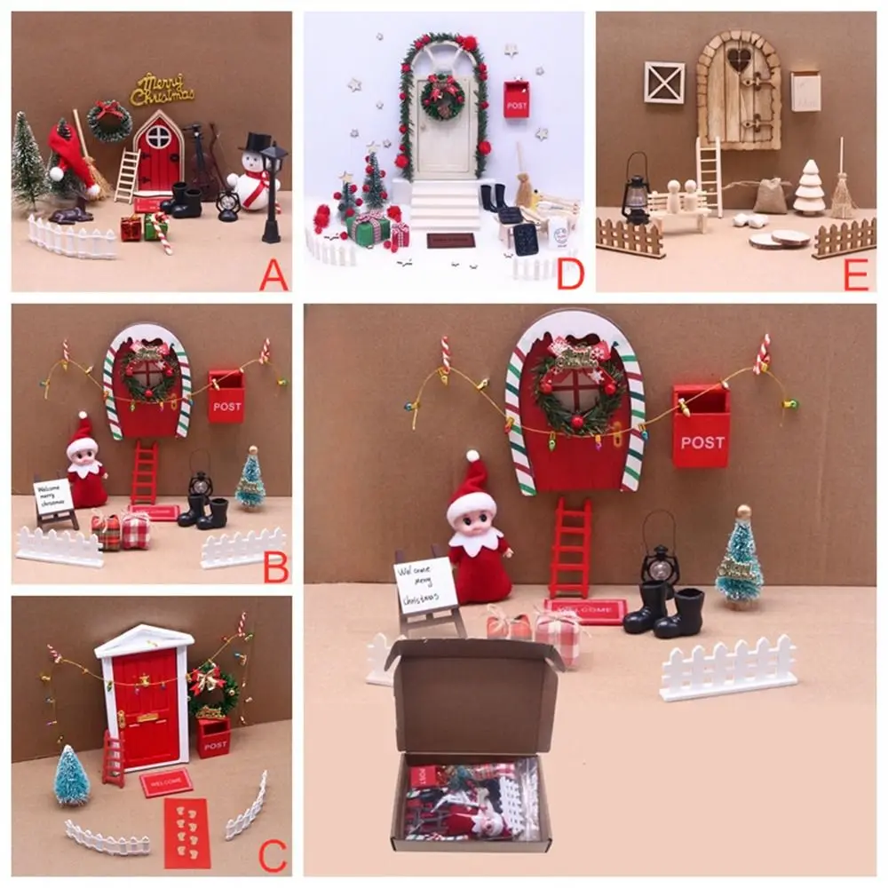 String Hat DollHouse Elf Kit Mini Tree Wreath Fairy House Scene Model Simulation Miniature Elf Door Christmas Decor