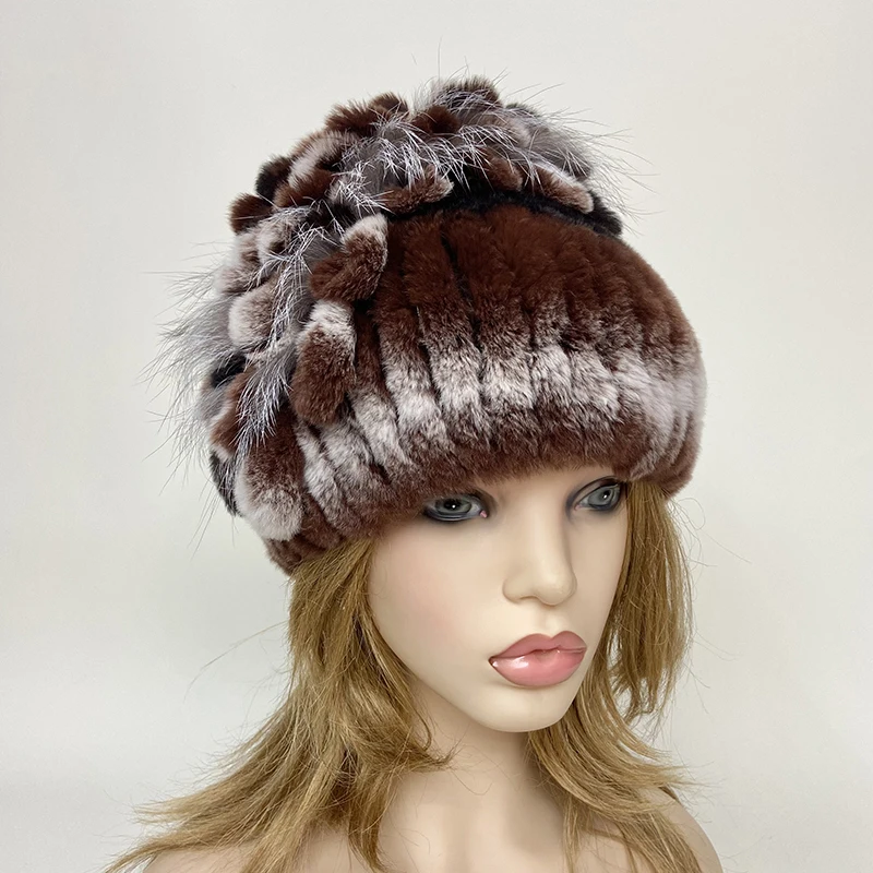 Floral Rabbit Fur Hat Women Fluffy Warm Winter Thick Hat Elegant Stylish Russian Fur Cold Hat Rex Rabbit Fur Beanies Striped Top 4