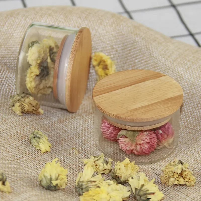 Small Tiny Glass Spicy Jar Heat Resistant Clear Glass Food Spice Tea Candy Storage Jar with Bamboo Lid Sealing Air Tight 1 PC 4