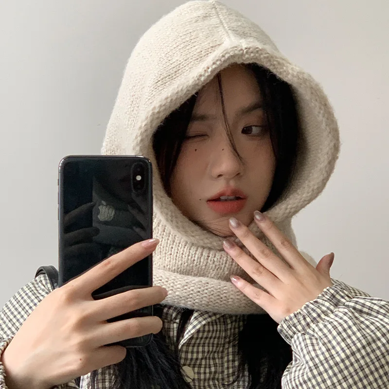 Japanese Retro Balaclava Hat Women Scarf Winter Hat and Neck Cold Proof Warm Knit Cap Female Fashion Color Matching Women's Hats