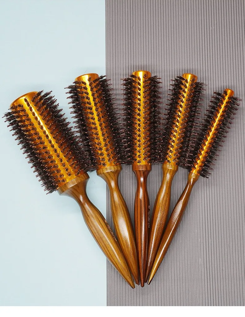 1pc 천연 멧돼지 강모 라운드 브러시 나무 손잡이 헤어 드라이 스타일링 컬링 Detangling 헤어 브러시