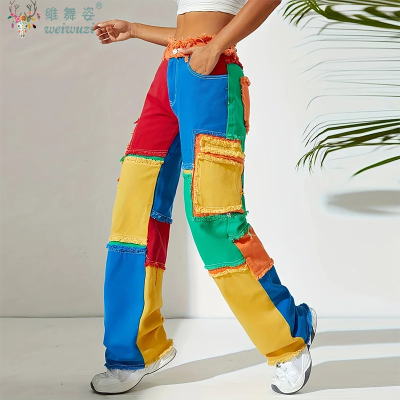 Y2K Women Colorful Jeans Distressed Hight Waist Denim Pants Loose Color-blocked Streetwear Energetic Cool HipHop Straight Jeans 3