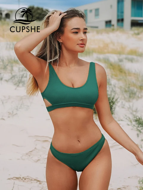CUPSHE Ribbed Solid Low Waist Bikini Set Plain Hollow Out Padded Two Pieces  Swimwear 2023 Women