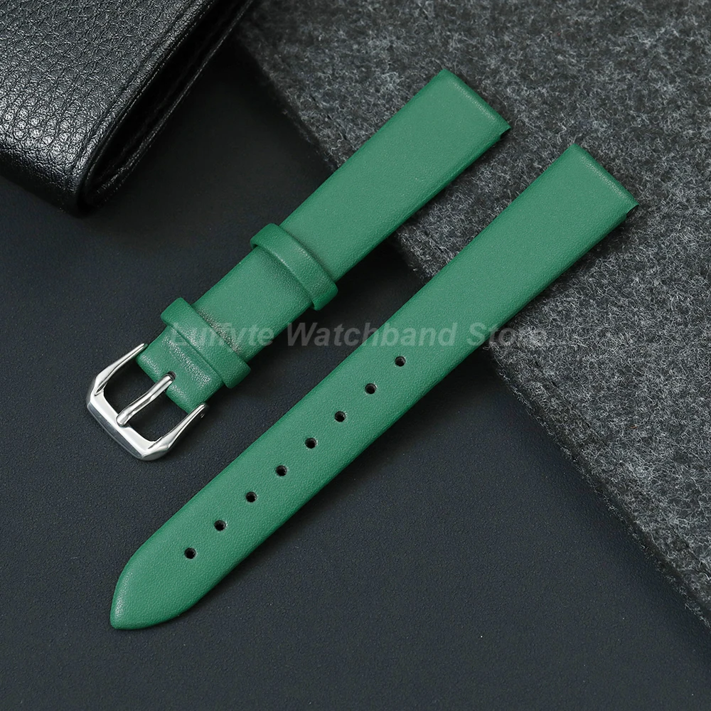 Elegant Women's Ultra-Thin Leather Watch Band - Soft & Comfortable in Black, Brown, Blue, Pink, and Green