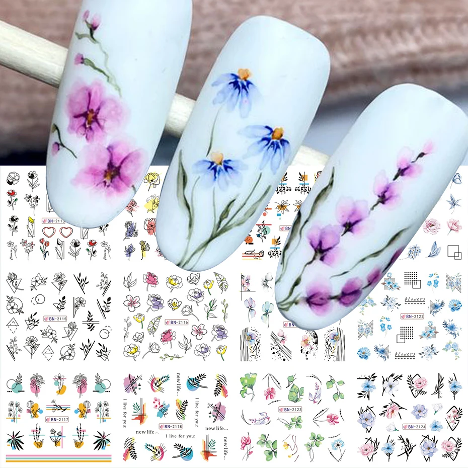 Nail Stickers 12pcs Geometry Flower Leaf Line Graffiti Painted Colorful Water Decal Link Blooming Slider for Nail Decoration