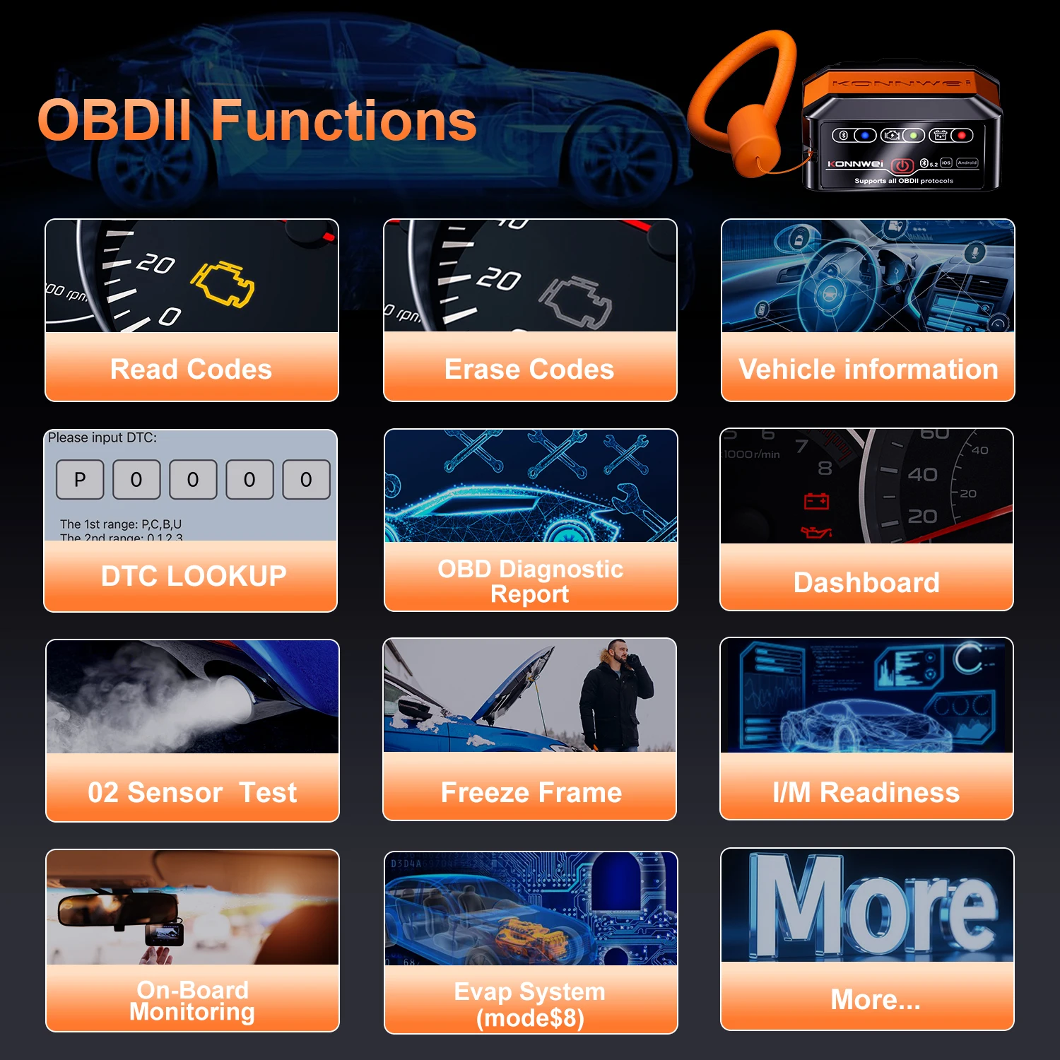 KONNWEI KW905 OBD2 ELM327 V1.5 블루투스 5.0 스캐너 안드로이드/IOS용 ELM 327 OBD 2 자동차 진단 도구 코드 리더