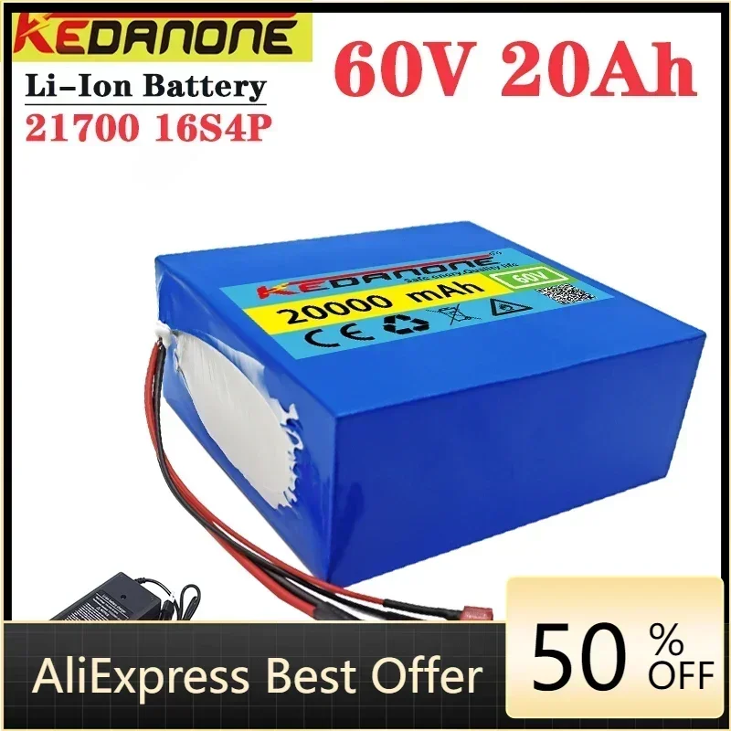 

New 60V 20Ah 21700 Lithium Battery Pack 16S4P 1000W-3000W Electric Bike Motorcycle Scooter Battery +67.2V 3A Charger