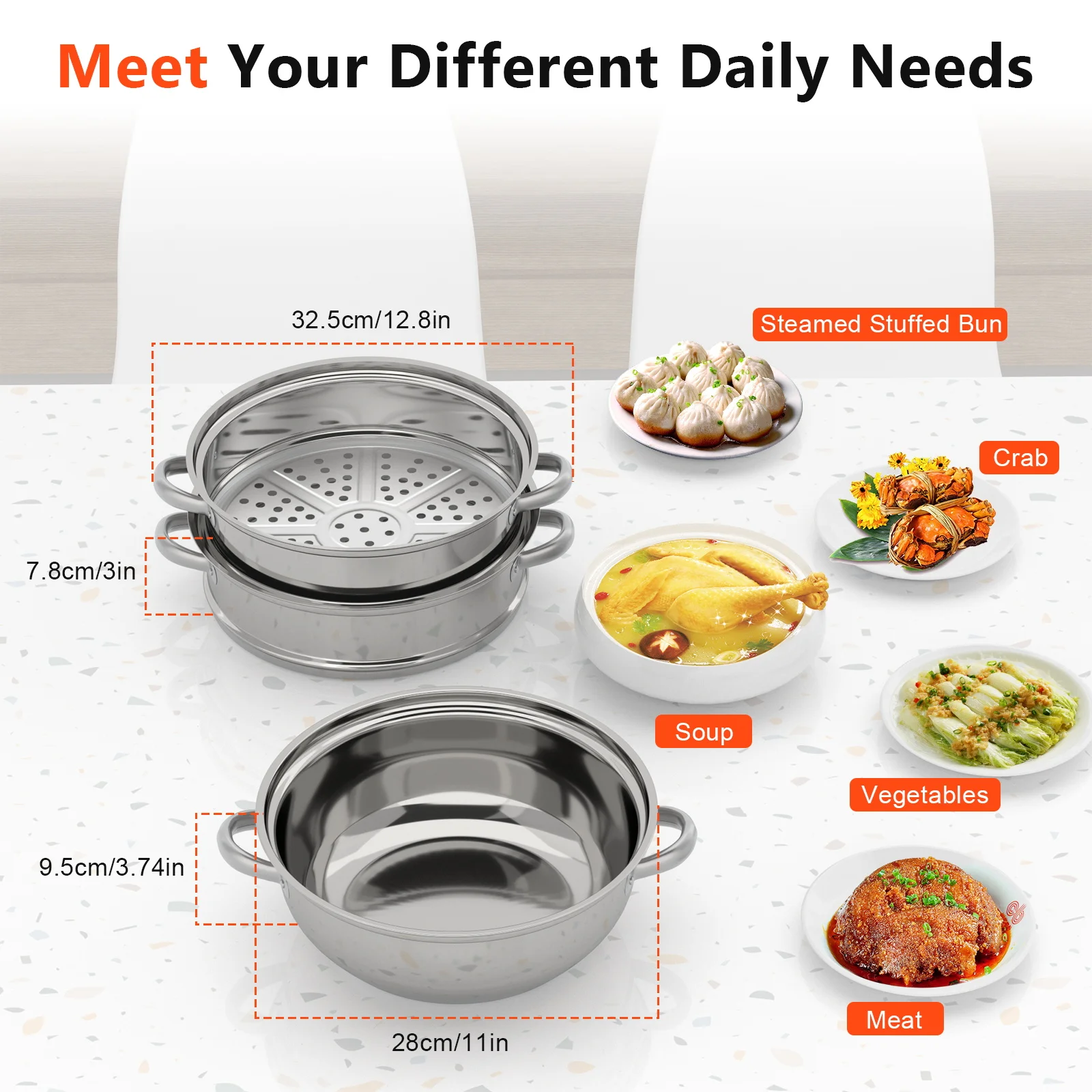 Stainless Steel 3 Tier Steamer Cooker Veg Pot Set Pan Cook Food Glass Lids 28CM