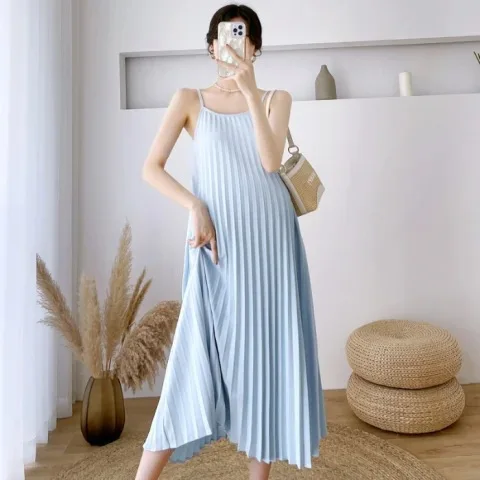 Beige Pink Sunmer Pregnant Woman Pleated Dress Maternity Chiffon Dress Mid-Calf Pregnancy Clothes with Belt Wholesale Clothing