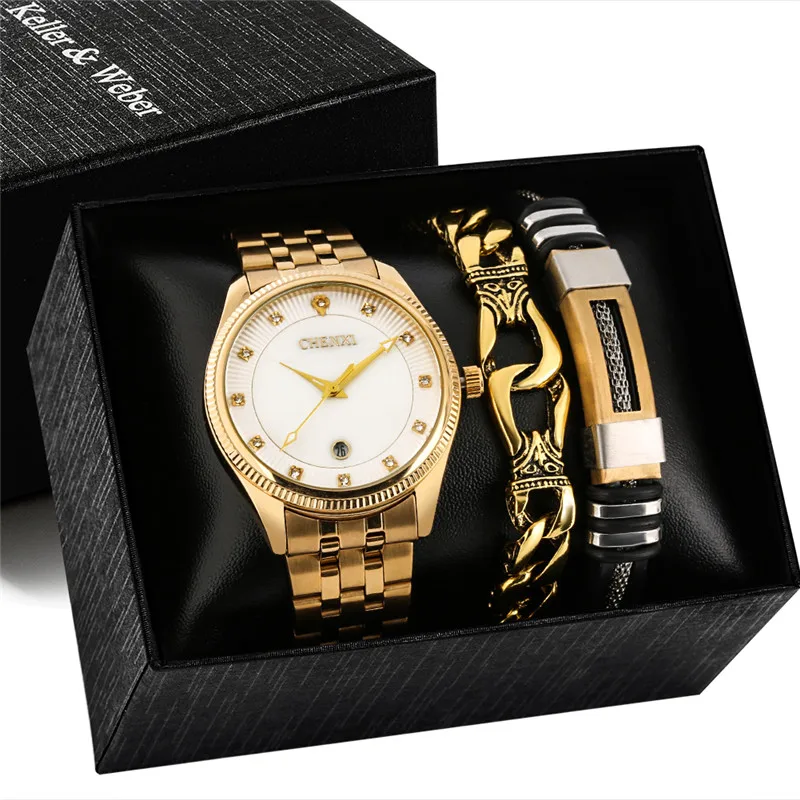 

Stylish Men's Yellow Gold Steel Quartz Wrist Watch Fashion Metal Bracelet Set Perfect Anniversary Present to Husband Boyfriend