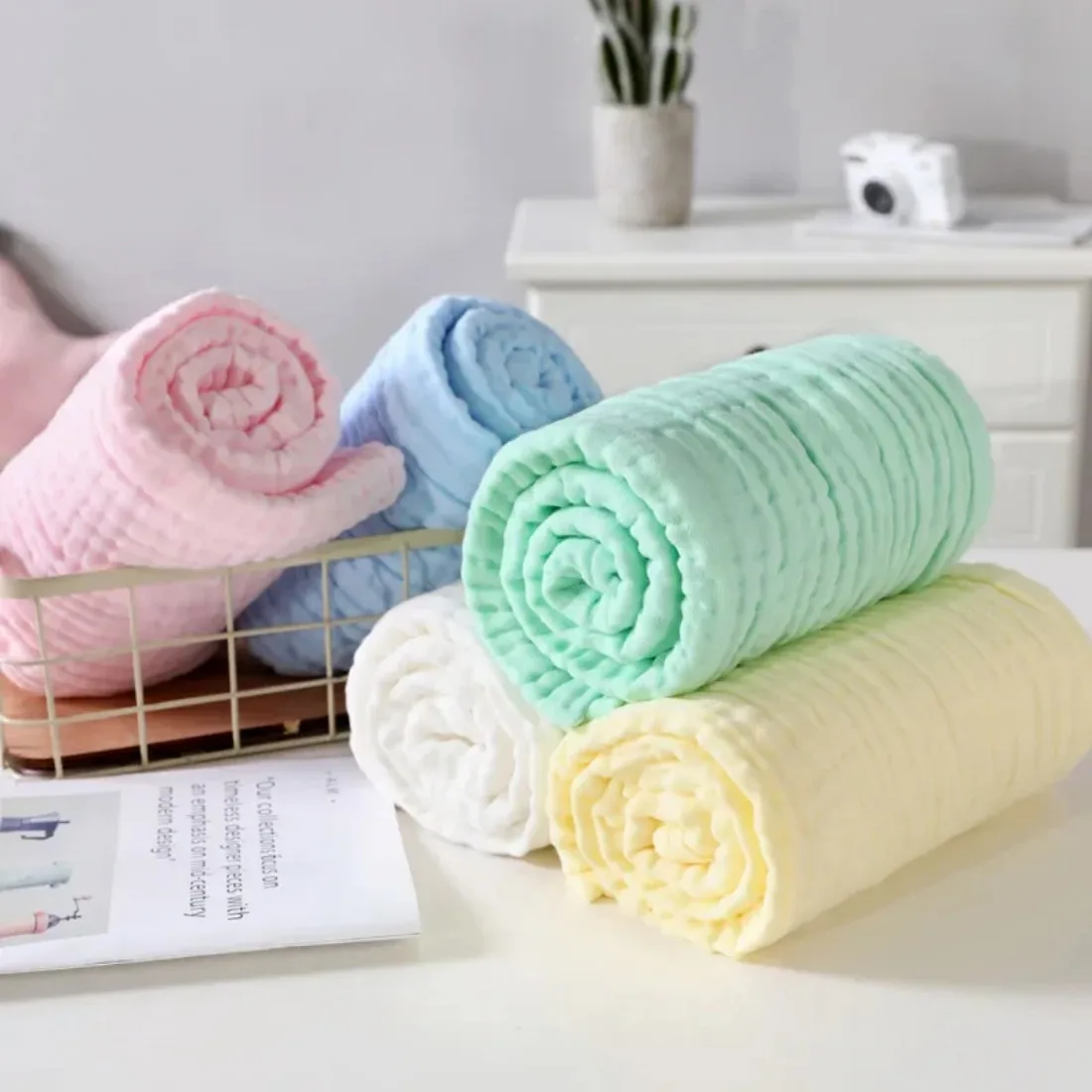 6 Layers Baby Bath Towel Kids Swaddle Wrap Bedding Pure Cotton Bubble Muslin Blanket Infant Gauze Receiving Blanket 105*105cm - 6