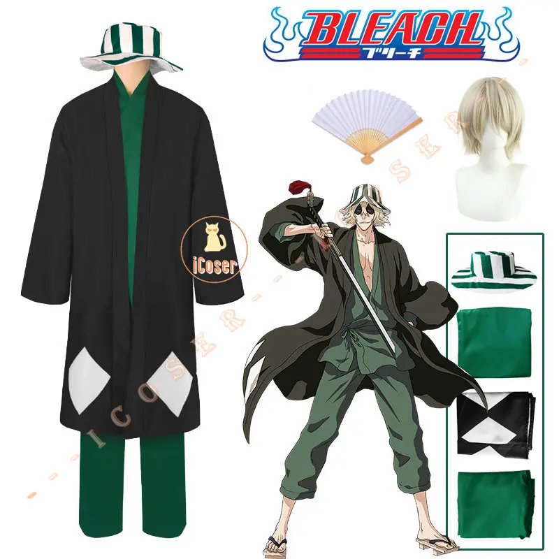 Anime Bleach Urahara Kisuke Cosplay Costume Wig Black Green Cloak Haori Outfit Bucket Hat Fan
