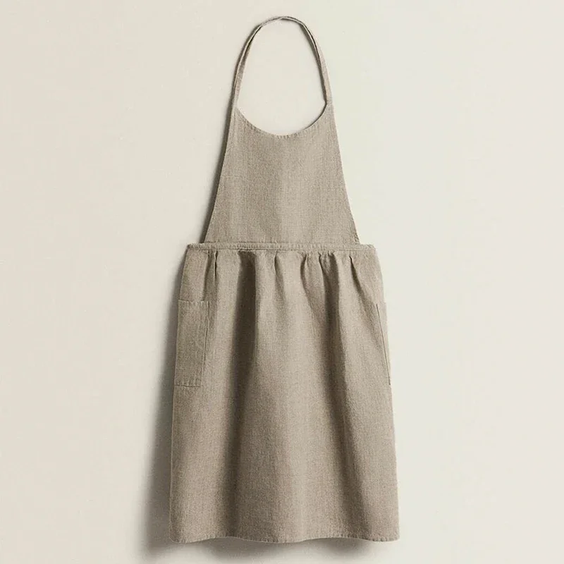 

2023 Cotton Linen Plain Ruffled Apron Simple Nordic Japanese-Style High-Quality Kitchen Cooking Drawing & Home Thick Women For