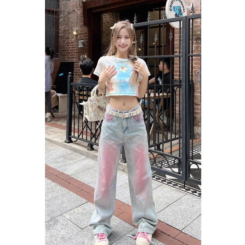 

Blue Woman's Jeans High Waist Contrasting Colors Wide Leg Denim Trouser Baggy Streetwear Chic Female Vintage Straight Pants