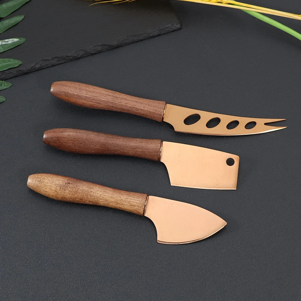 Gold/Silver Cheese Butter Spreader Knife Set Pronged Knives Stainless Steel with Walnut Wood Handle High-end Cheese Cleaver