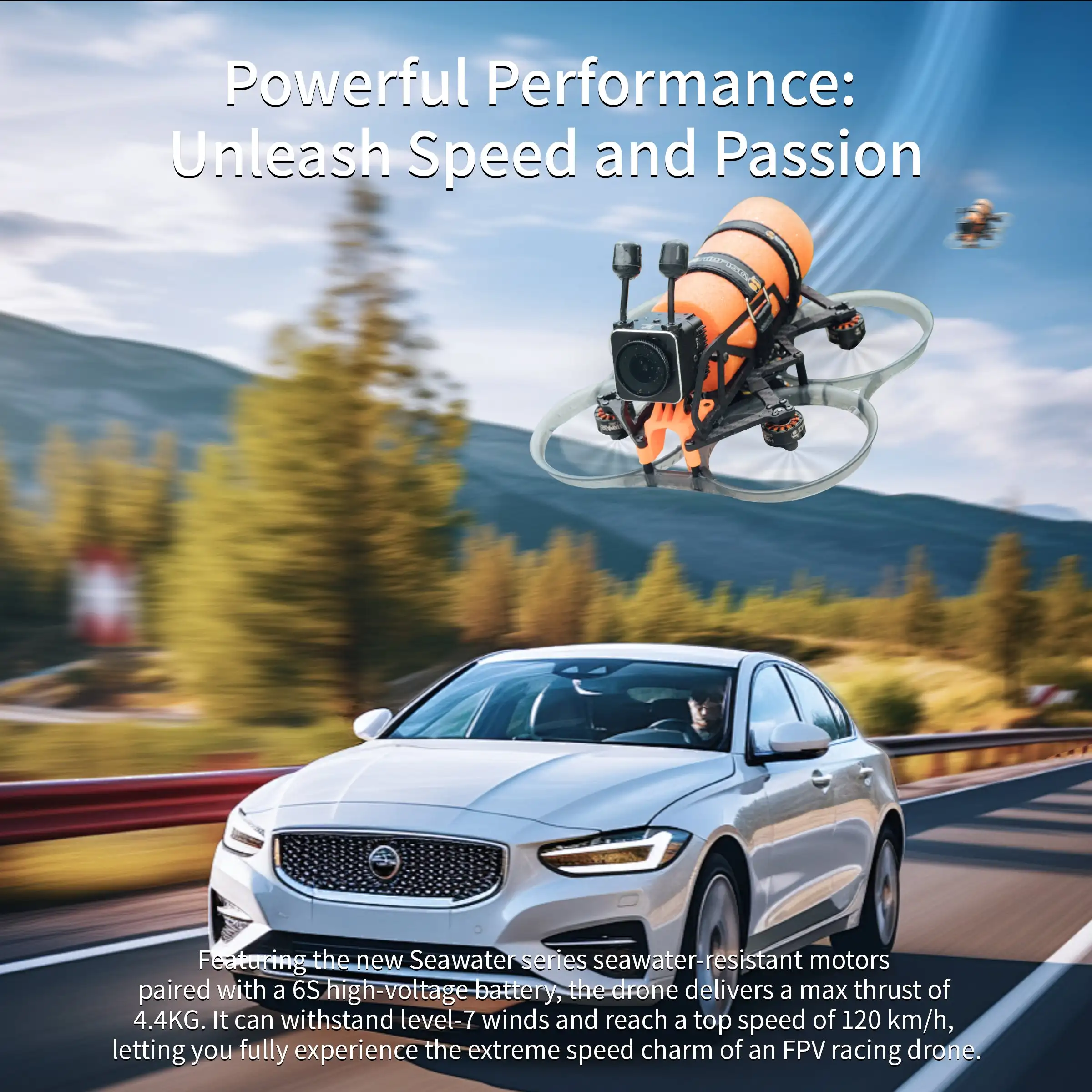 FPV racing drone with seawater-resistant motors, 6S battery, 4.4KG thrust, level-7 wind resistance, and 120 km/h top speed.