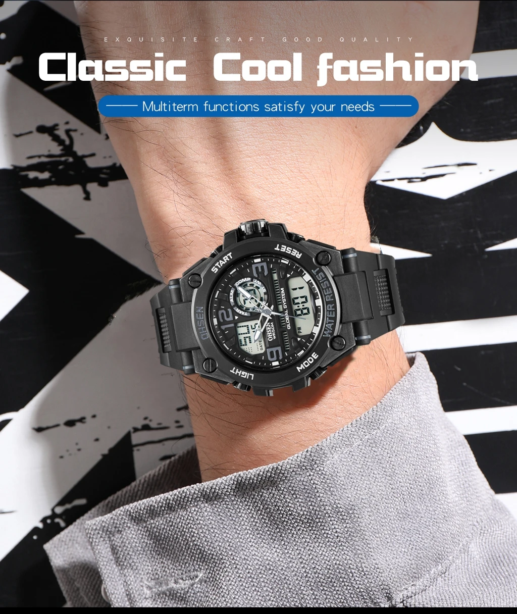 OHSEN-reloj deportivo multifunción para hombre, pulsera Digital militar, resistente al agua, 5 bares, color negro