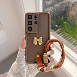 Elegant 3D Gold Bowknot Phone Case with Rope Strap Lanyard - Soft Cover - Galaxy S24 (Brown)