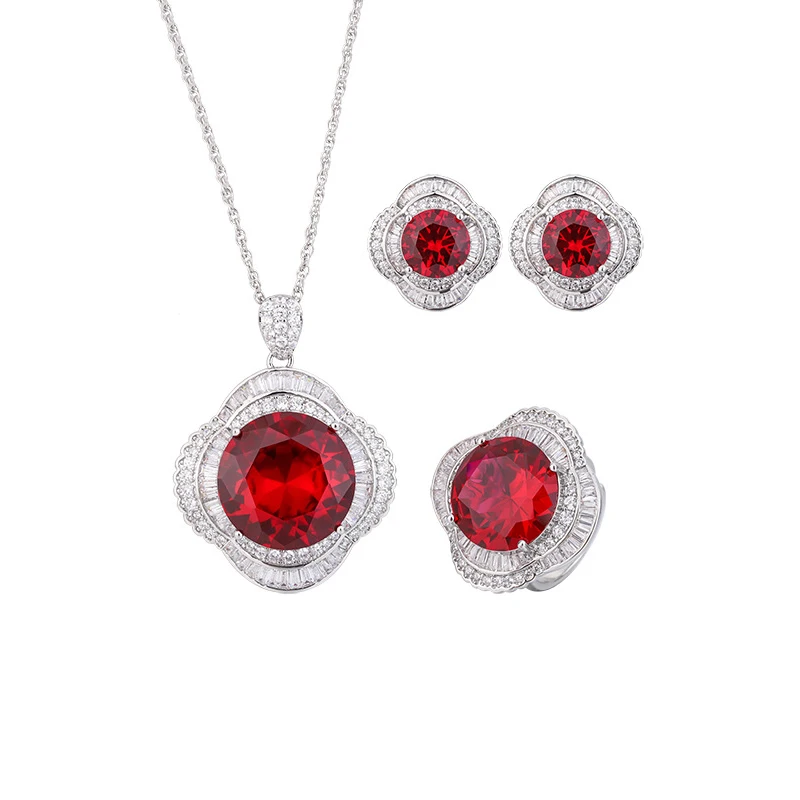 

Mirco Setting Clear CZ Jewelry Red Ruby Imitation Green Emerald Pendant Necklace Adjustable Ring Stud Earrings Jewelry Set