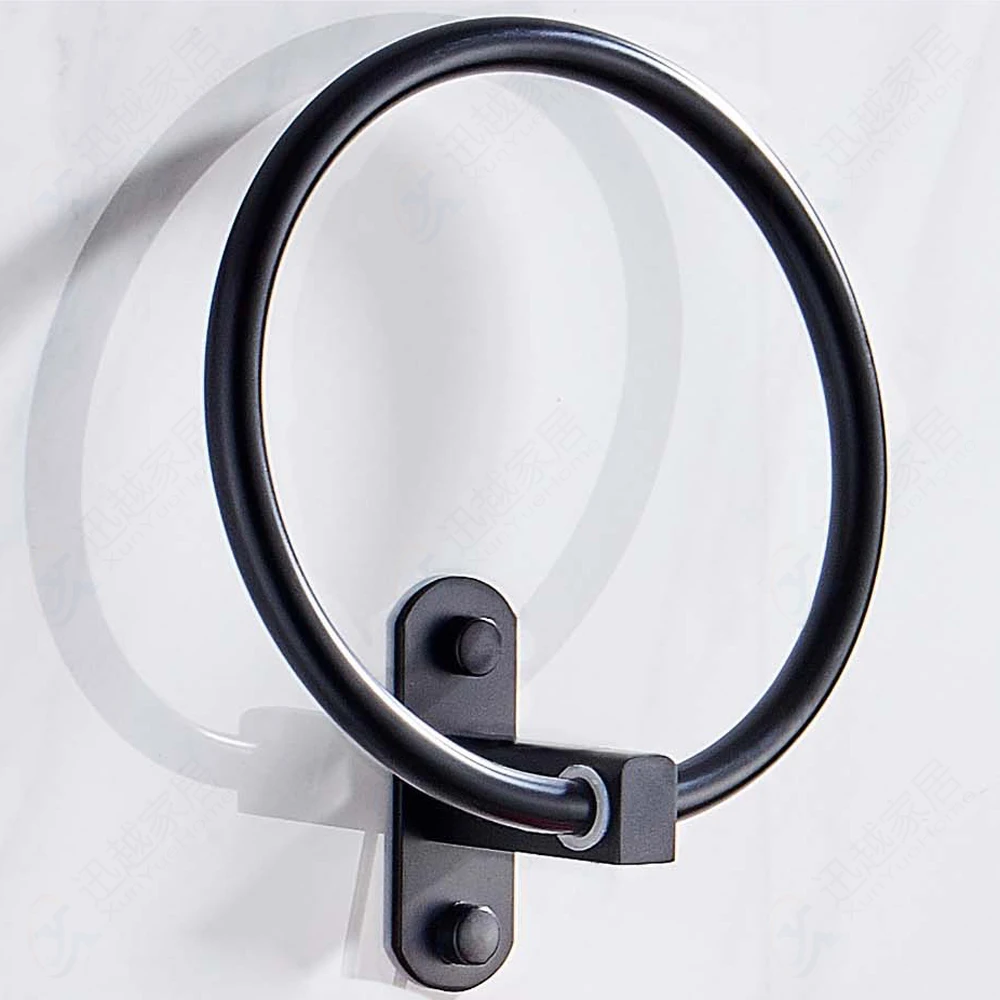 Black Hand Towel Rings Holder Aluminum Round Bar Washroom Wall Mounted Bath Hanger Rack Shelf Bathroom Accessories