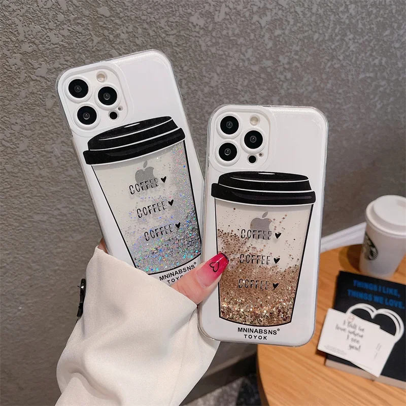 Custodia Japan Coffee Cup Quicksand Per Iphone 15 14 Pro Max 13 12 Dynamic Gold Silver Paillettes Flakes Carcasa Funda Fashion Cover