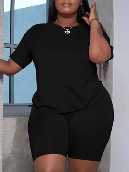LW Basic Plus Size Summer Women's Suit Short Sleeve Top and Pants Casual Solid Color Sportswear Slim Two-piece Outfit