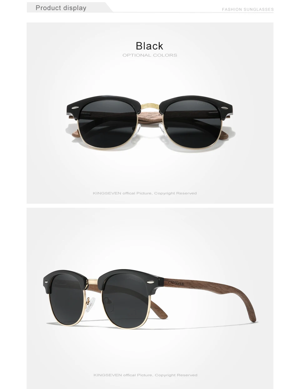 KINGSEVEN Handgefertigte Sonnenbrille aus schwarzem Walnussholz für Herren, polarisiert, UV400-Schutz, halbrandlos, Retro-Brille für Damen zum Fahren – Detail 5