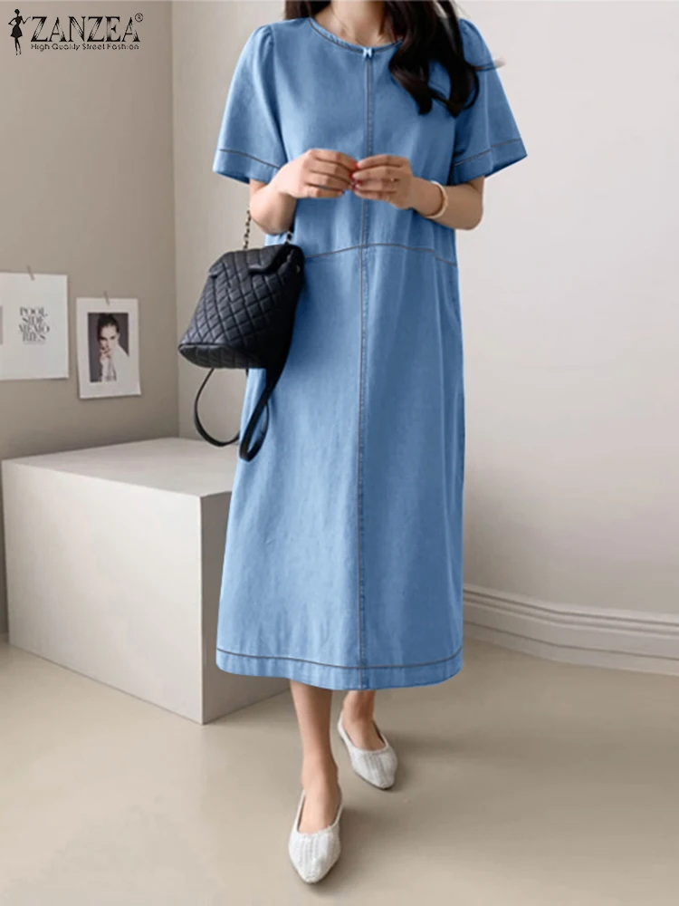 

ZANZEA Fashion Denim Blue Dress Vintage Sundress Women Summer Short Sleeve Robe Stylish Work Vestido Holiday Dresses Oversize