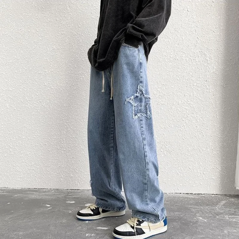 

Elastic Waist Men Jeans Ins Fashion Embroidery Denim Trousers Plus Size Baggy Wide Pants Casual Bottoms Vintage Y2K Male Clothes