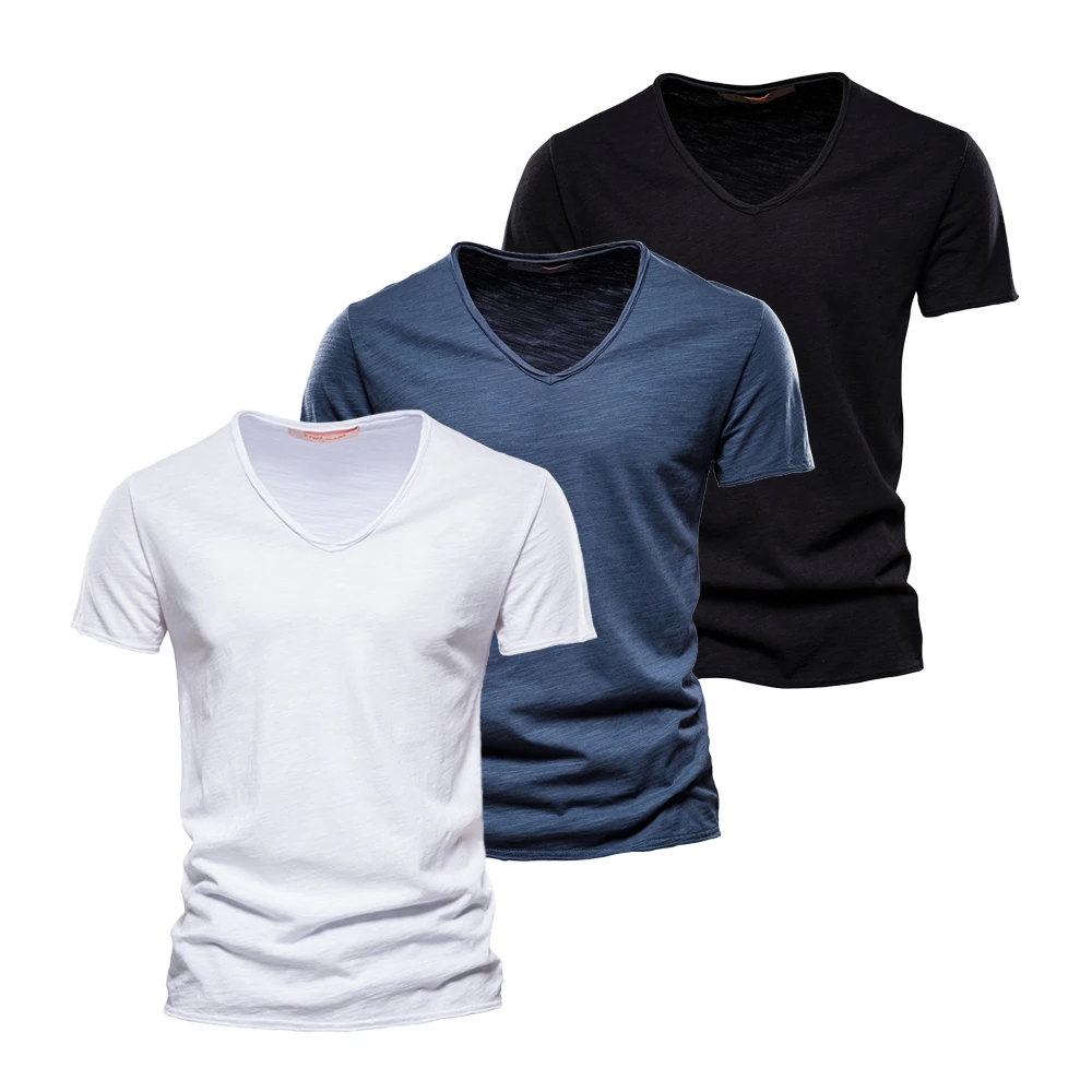 AIOPESON camisetas de algodón para hombre, conjunto de 3 piezas, diseño de moda, cuello en V, informal, ajustado, básico, sólido, de verano| | -