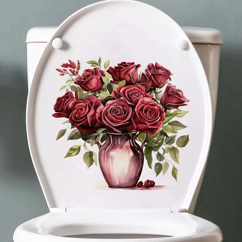 Watercolor Burgundy Roses Plants Flowers Wall Sticker Bathroom Toilet Decor Decals Living Room Cabinet Home Decoration F07