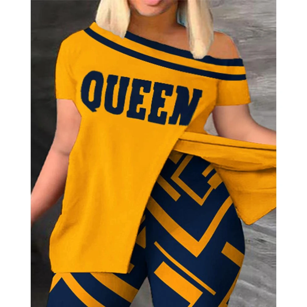 Summer Women Causal Letter Queen Print Skew Neck Hem Split Top & Skinny Pants Set New In Short Sleeve Suit 2023 Woman Clothes