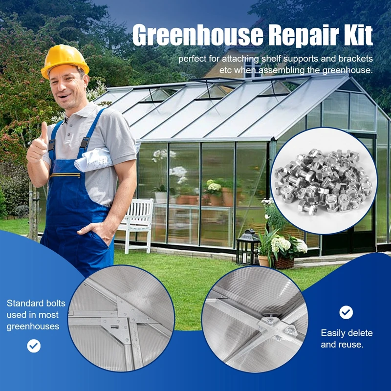 ABZV-50 Packs Greenhouse Nuts and Bolts Square Head Bolts Nuts Greenhouse Repair Kit Parts Replacement Garden Supplies