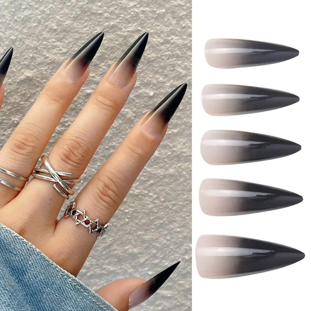 24pcs Nail Tips Gradient Black DIY Full Cover Long Stiletto Fake Nails French