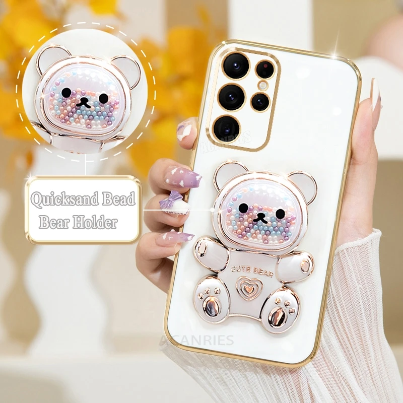 Cute Plating Quicksand Bear Holder Silicone Stand Case