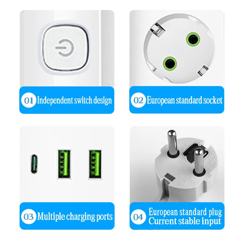 EU Plug Electrical Socket with 5 AC Outlets 2 USB Ports 1 Type C 8 in 1 Plug 2M Power Strip for Home Office EU AC Socket Adapter