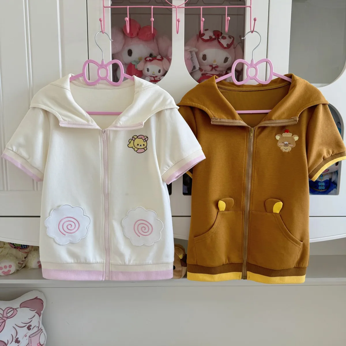 Bear Embroidered Short Sleeve Top Japanese Style Cute Soft Girl Summer Hooded Short Sleeve Zipper Jacket Women Slimming Top