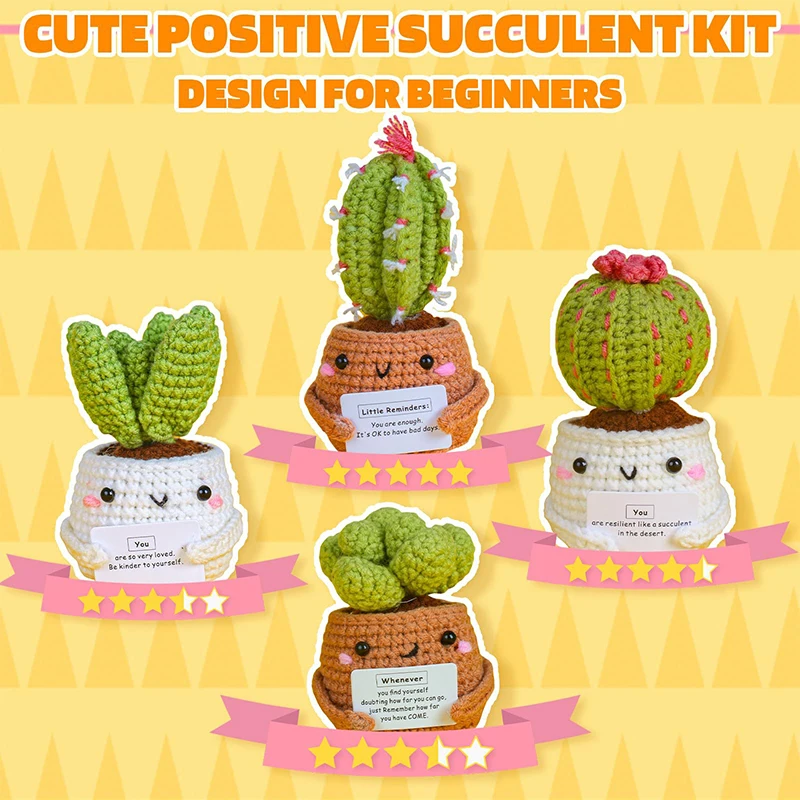 4Pcs Crochet Beginner Kit Cute Cactus Knitting Positive Energy Doll Cactus Potted Plant Knitted Crochet Material Desktop Decor
