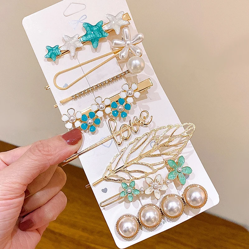 1Set Korean Style Hair Clips For Women Fashion Jewelry Hair Accessories Simulated Pearl Rhinestone Hairpins Metal Barrettes