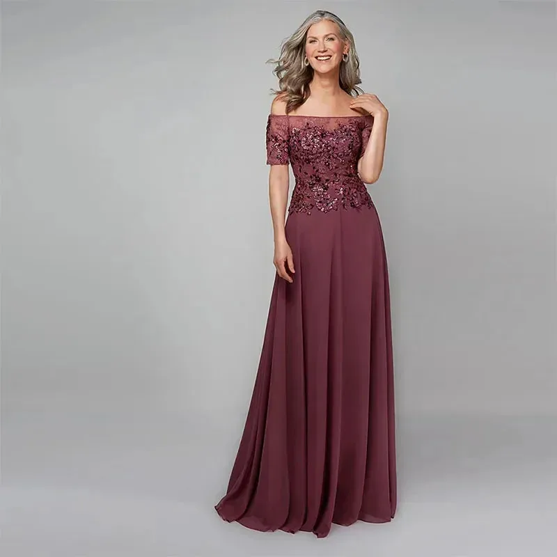 

Elegant Burgundy Chiffon Mother Of The Bride Dresses Short Sleeves Lace Appliques Off The Shoulder Wedding Guest Dress 2024